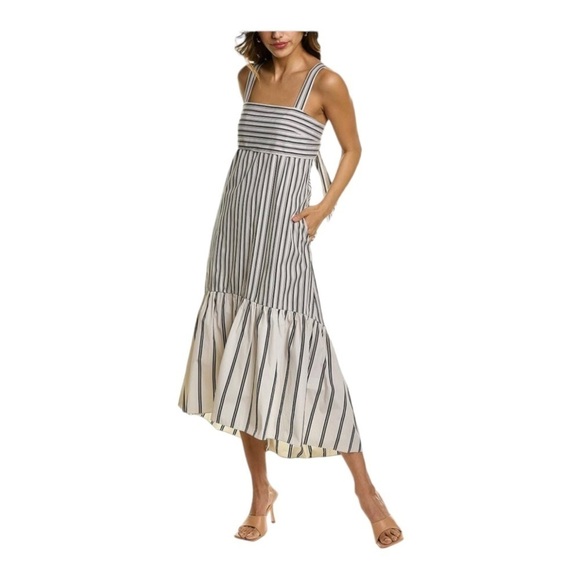 THEORY Ventura Stripe Tie Back Open Back Cotton Midi Dress Large Gray White NWT - Picture 6 of 16